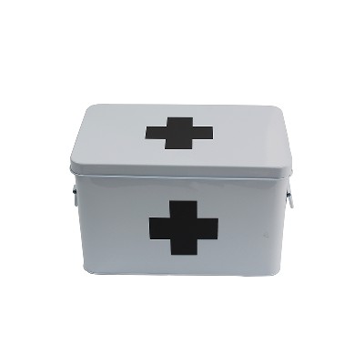 White Metal Home Storage First Aid Box with Lid &amp; Black Cross on Front