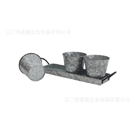 定制三件套窗臺(tái)花盆美式鄉(xiāng)村農(nóng)家復(fù)古裝飾花盆和托盤(pán)套裝鐵皮花桶