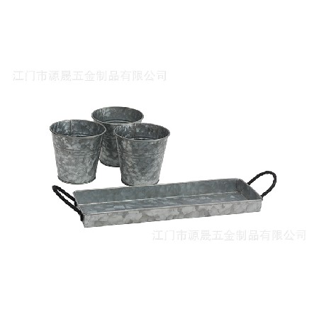 定制三件套窗臺(tái)花盆美式鄉(xiāng)村農(nóng)家復(fù)古裝飾花盆和托盤(pán)套裝鐵皮花桶