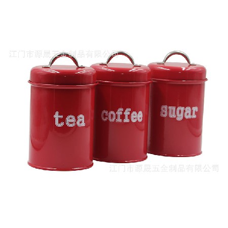 亞馬遜鍍鋅鐵皮罐定制 廚房圓形復古紅咖啡糖果茶葉密封罐 儲物罐