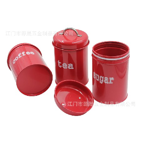 亞馬遜鍍鋅鐵皮罐定制 廚房圓形復古紅咖啡糖果茶葉密封罐 儲物罐